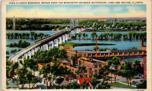 1940s Illinois Memorial Bridge Between Iowa and Moline Illinois Postcard