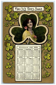 c1910's Pretty Woman Calendar Shamrocks For Old Times Sake Antique Postcard