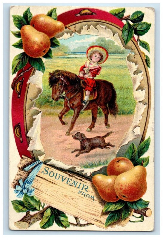 1910 Little Boy Riding Horse Dog Racing Souvenir From Brisbin PA Postcard