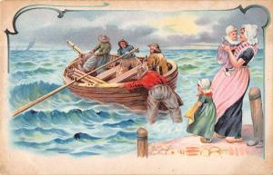 Men in Boat Woman with Children on Beach Antique Postcard J73648