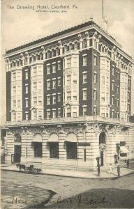 c1907 Lithograph Postcard; Dimeling Hotel, Clearfield PA Posted, Horsedrawn