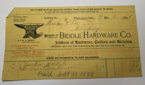 1898 Biddle Hardware Company Cutlery Bicycles Philadelphia Pa Invoice Letterhead