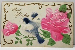 Heavily Embossed Pink Roses, Blue Birds Douglas North Dakota Postcard D17