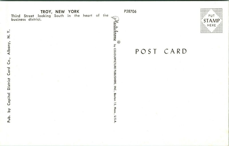 Vtg Chrome Postcard 1950s Troy New York NY Third Street View w Cars