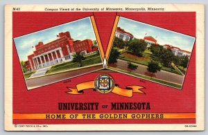 Minneapolis Minnesota~University Campus Views~Union Bldg~Hall~Linen Postcard
