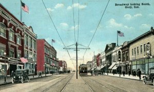 c. 1910 Downtown Broadway Gary, IN Trolley Car Signs Colored Postcard P14 