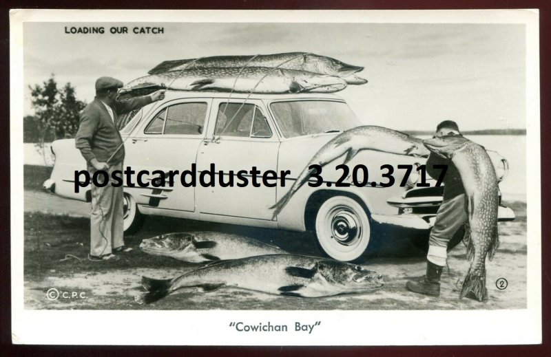 3717 - COWICHAN BAY BC 1950s Exaggeration Fishing. Old Car. Real Photo Postcard