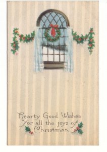 Hearty Good Christmas Wishes, Holly Garland & Wreath, Vintage 1922 Postcard
