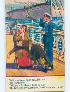 Bamforth comic CRUISE BOAT SHIP STAFF SERVES DRINKS TO SEASICK PEOPLE HL3163