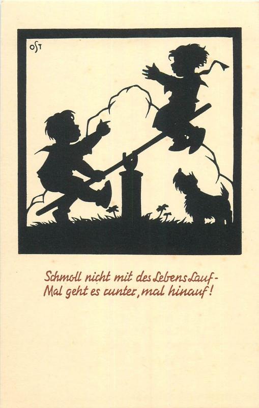 August Gunkel Vintage Silhouette Postcard signed OST children swing & dog