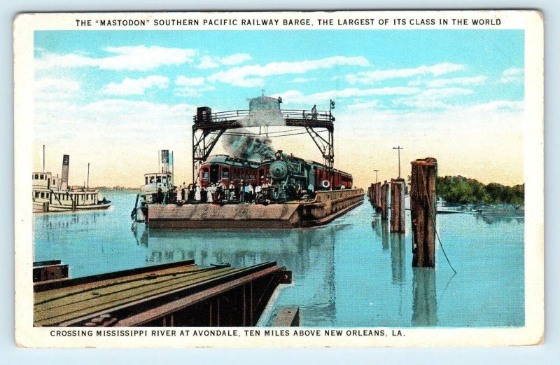 AVONDALE, LA ~ The MASTODON Southern Pacific RAILWAY BARGE c1920s Postcard