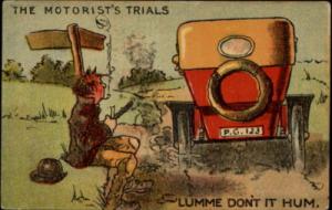 CAR COMIC Man Waits by Broken Down Car c1910 PC