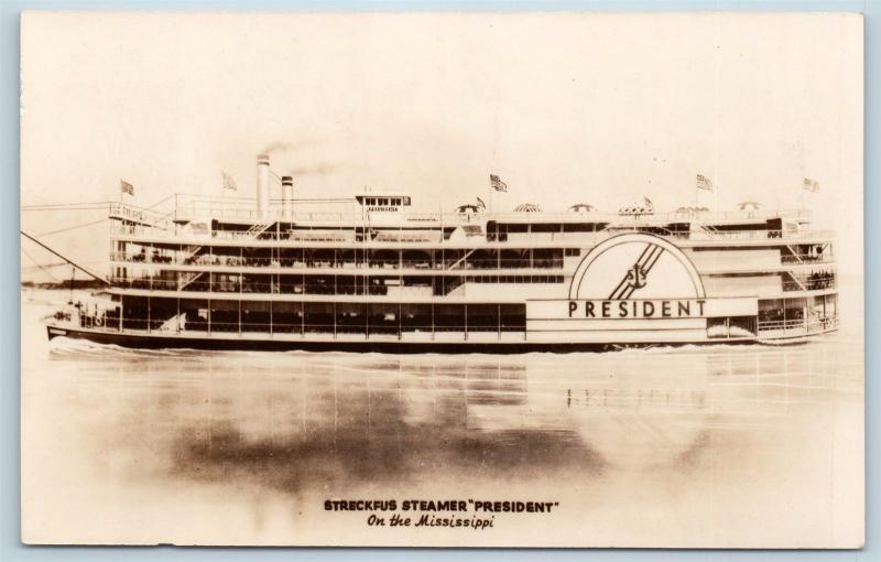 Postcard MS Steamer Ship Streckfus Steamer President Mississippi RPPC Photo N5