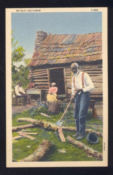 MY OLD LOG CABIN BLACK AMERICANA BLACK WORKER VINTAGE POSTCARD