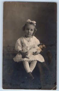 c1910's Little Girl With Doll Toy Studio RPPC Photo Unposted Antique Postcard