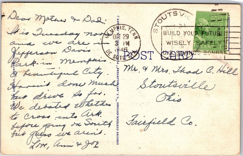 Memphis Tenn., 1946 Confederate Park, Post Office, Mississippi River, Postcard