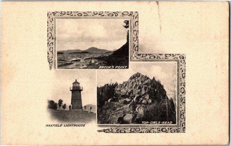 Brook's Point, MAxfield Lighthouse, Top-Owls-Head VT Vintage Postcard Q37