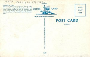 Postcard 1950s Cedar City Utah Shell gas station autos Coca Cola UT24-3632