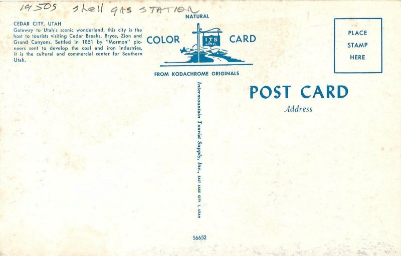 Postcard 1950s Cedar City Utah Shell gas station autos Coca Cola UT24-3632