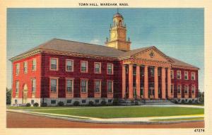 WAREHAM, MA Massachusetts   TOWN HALL  Plymouth County   c1940's Linen Postcard