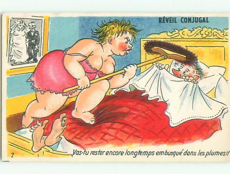1950's foreign risque FAT WOMAN IN LINGERIE THREATENS HUSBAND IN BED W6889