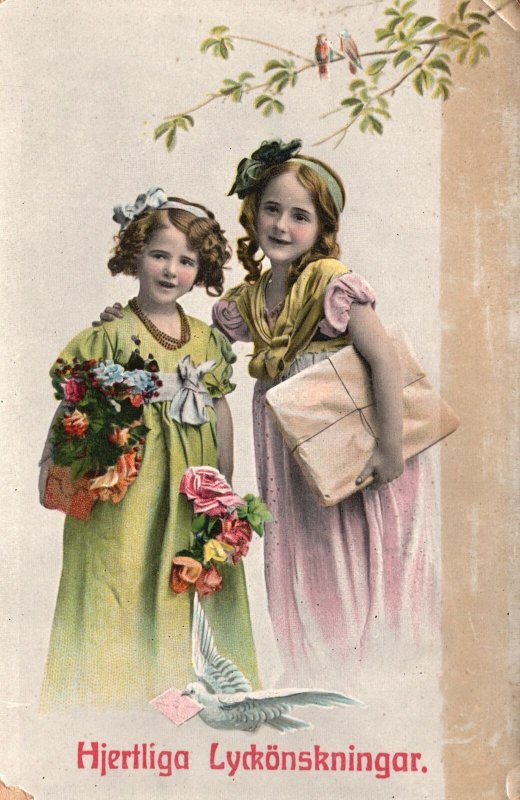 Vintage Postcard Two Beautiful Girls Bringing Flower And Gift Souvenir Greetings