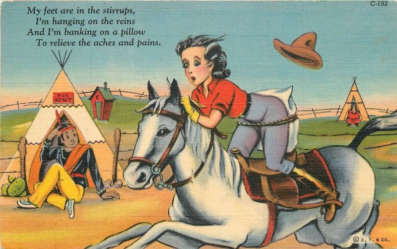 Postcard 1947-woman runaway horse Cowboy Western Humor Teich 23-7128