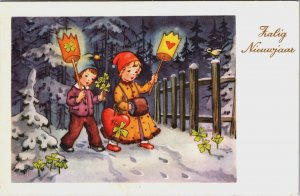 Happy New Year Children With Lampion Vintage Postcard C182