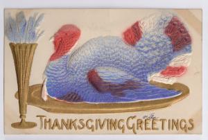 Vintage Thanksgiving Postcard Airbrushed Embossed Turkey on Gilded Gold Platter