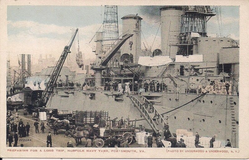 US Navy Yard, Norfolk, Portsmouth VA, Loading Supplies, Battleship, 1910's