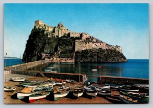 Aragonese Castle & Boats on Beach of Ischia Italy 4x6 Vintage Postcard 0145