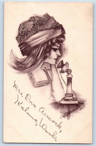 Cobb Shinn Artist Signed Postcard Pretty Woman Telephone c1910's Antique