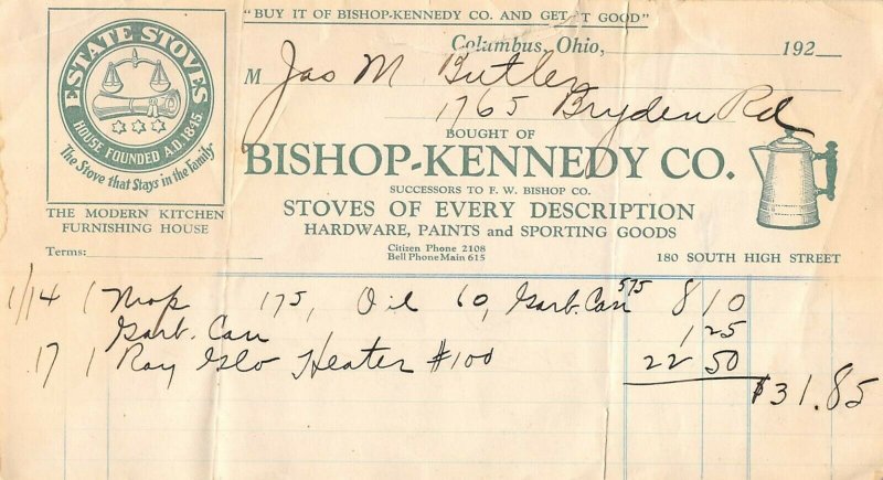 1920 Bishop Kennedy Co Estate Stoves Hardware Sporting Goods Billhead Receipt 