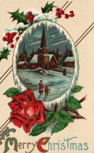 Merry Christmas Xmas Greetings Card Holly Red Rose Winter Snow Vintage Postcard
