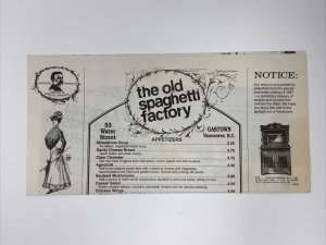 Vintage The Old Spaghetti Factory Paper Menu Gastown Vancouver BC Canada