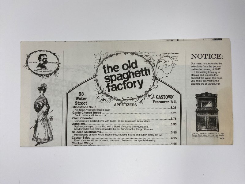 Vintage The Old Spaghetti Factory Paper Menu Gastown Vancouver BC Canada 