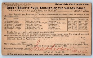 1893 Death Benefit Fund Knights Of The Golden Eagle Advertising Postal Card