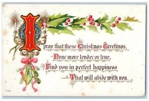 1914 Christmas Greetings Holly Berries Candles Embossed Princeton Iowa Postcard