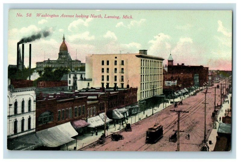 C. 1910 Washington Ave Downtown Trolley Signs Lansing, MI Postcard F58