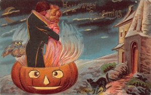 ZC1/ Halloween Postcard Greetings c1910 Owl Kiss Pumpkin Cat 191