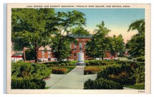 Mid-1900s High School & Burrett Monument, New Britain, CT Postcard