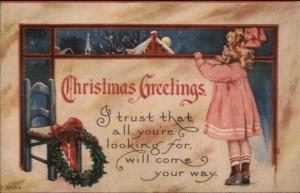 Christmas - Little Girl Watching Out the Window c1910 Postcard