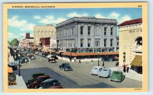 MARYSVILLE, CA ~ D STREET Scene c1930s Cars Linen Yuba County Postcard