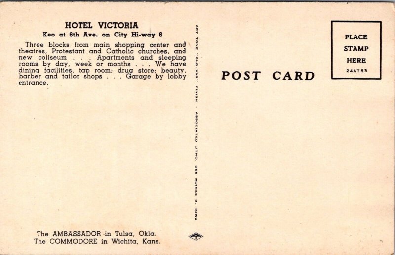Hotel Victoria, Keo at 6th Ave Des Moines IA Vintage Postcard Q77