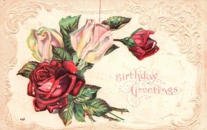 Vintage Postcard 1907 Birthday Greetings Large Print Flowers Roses Embossed