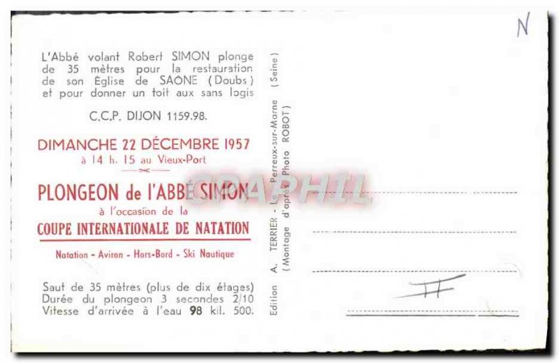 Modern Postcard of Diving & # 39Abbe Simon 1957 International Cup nataton Row...