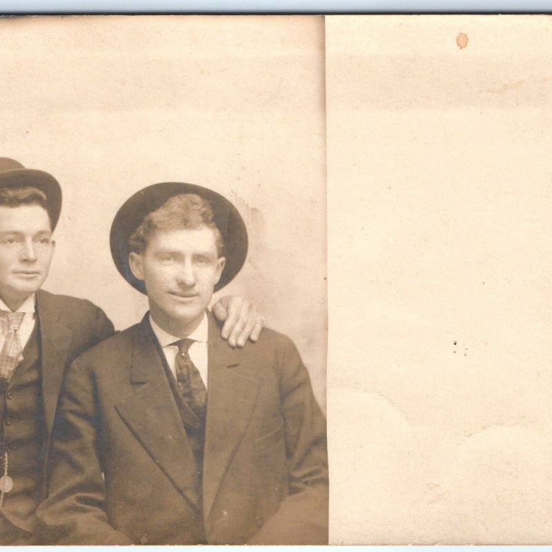 c1910s 2 Handsome Young Men RPPC Dapper Fashion Bowler Real Photo Postcard A94