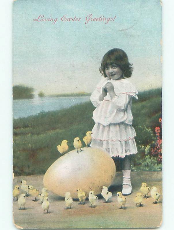 Pre-Linen easter CUTE GIRL WITH GIANT EGG AND LOTS OF CHICKS J2405