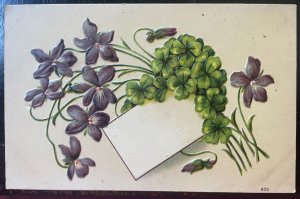 Vintage Victorian Postcard 1910 No Message - Violets & four Leaf Clover