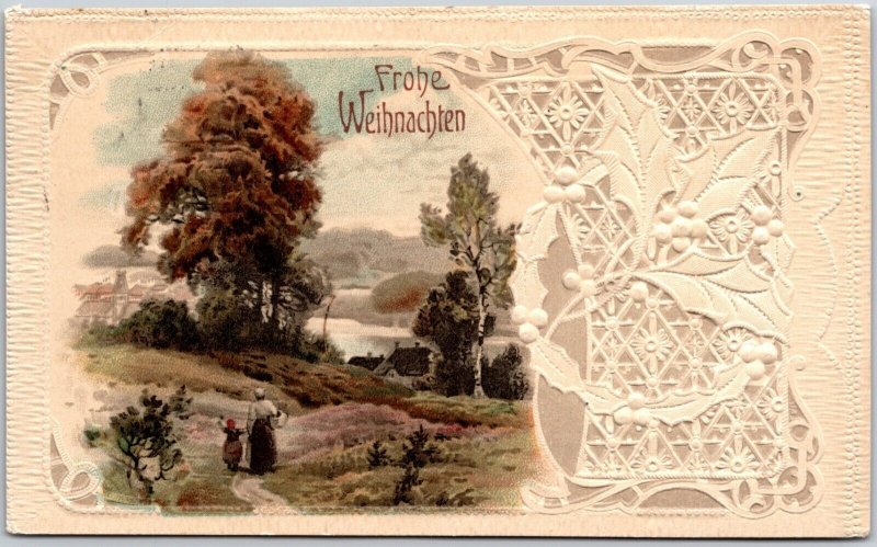 1918 Frohe Weihnachten Merry Christmas Holiday Embossed Lacey Cottage Postcard